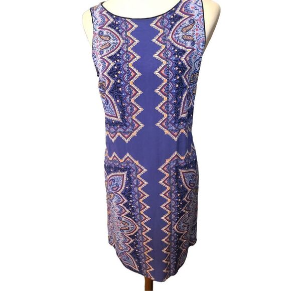 J Jill Dress A-Line Rayon Blue Red Bold Paisley and  Geometric Print Size SP - Picture 2 of 13